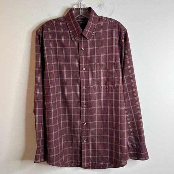 Arrow Men's Button Down Shirt S 14-14.5 Burgundy Red Check Collared Long Sleeve - Picture 3 of 8